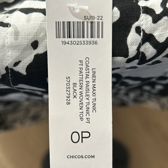 CHICO’s LINEN MAXI TUNIC PT PATTERN WOVEN TOP BLACK 570327928 SIZE OP NEW - Picture 6 of 6
